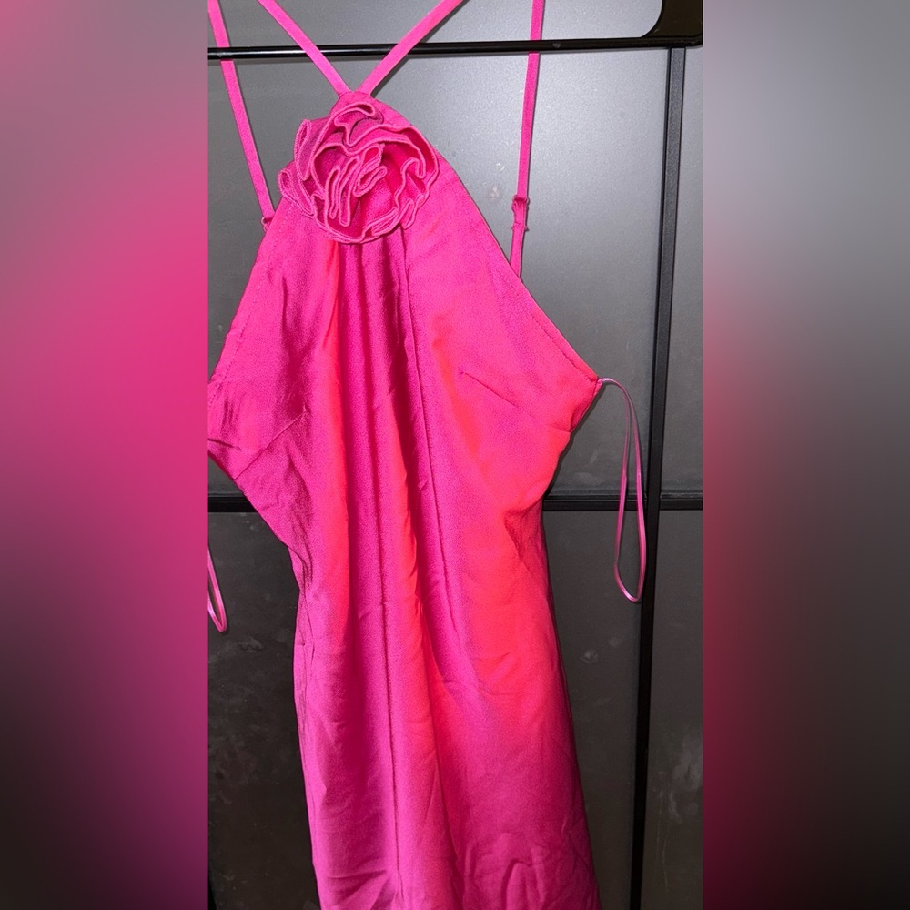 Hot pink flower short dress silk